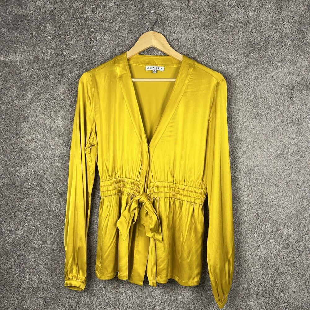 Chaser Shirt Womens Small Gold  Long Sleeve V-Neck Elastic Tie Waist Holiday Top